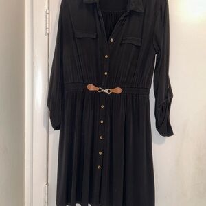 Elegant Black Long Sleeve Dress with Belt Detail